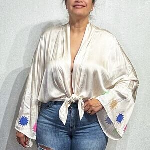 Pippa White Satin Tie Front Bell Sleeve Blouse Sz S NWT